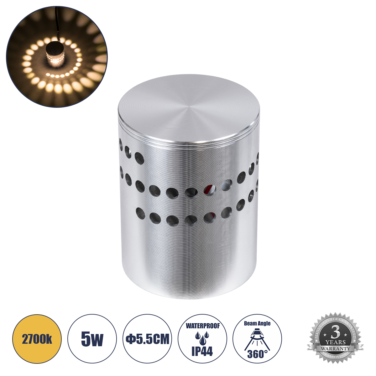 GloboStar® STAINS 60593 Φωτιστικό Τοίχου - Απλίκα Αρχιτεκτονικού Φωτισμού Εσωτερικού Χώρου LED 5W 350lm 360° AC 220-240V IP44 Φ5.5 x Υ7cm - Θερμό Λευκό 2700K - Νίκελ Ματ - Bridgelux Chip - 3 Χρόνια Εγγύηση