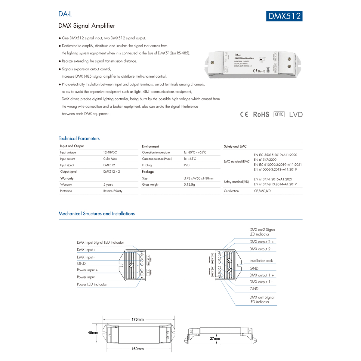 GloboStar® 73138 DA-L SKYDANCE DC DMX512 Signal Amplifier 2 Καναλιών DC 12-48V - IP20 Μ17.5 x Π4.5 x Υ2.5cm - 5 Χρόνια Εγγύηση - Image 8