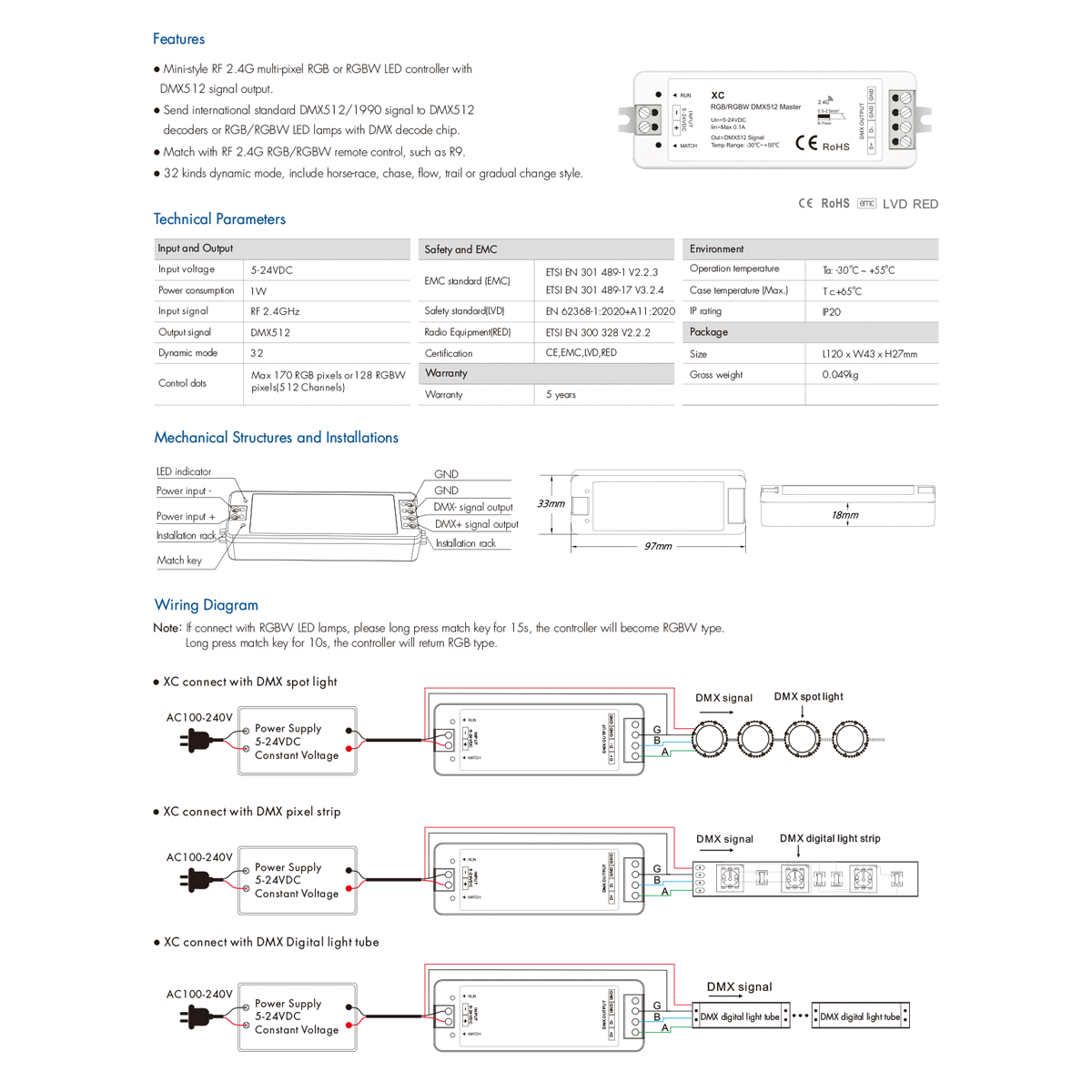 GloboStar® 73157 XC SKYDANCE DC RF 2.4Ghz DMX512 Master Digital DC 5-24V - IP20 Μ10.5 x Π3.5 x Υ2cm - 5 Χρόνια Εγγύηση - Image 8