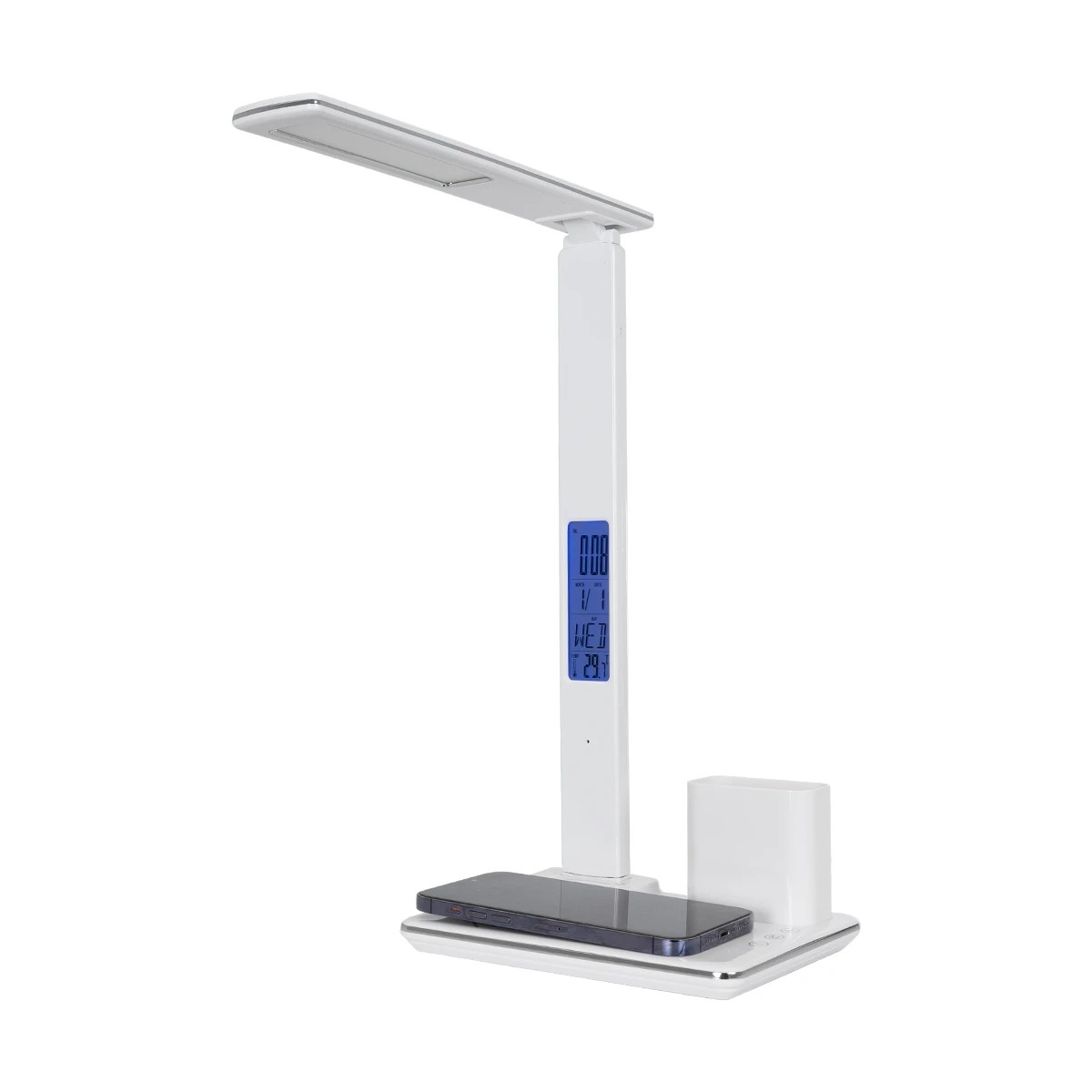 GLOBOSTAR® ZENTIME 76554 Μοντέρνο Επιτραπέζιο Φωτιστικό Γραφείου με Ασύρματη Φόρτιση 15W 3A & Ψηφιακό Ρολόι LED 3.5W 350lm 120° DC 5V με USB-C IP20 Ρυθμιζόμενο Λευκό CCT με Αφή 2700K/4500K/6000K Dimmable - Sanan SMD Chip - Μαύρο - Μ19.5 x Π25 x Υ50cm - 2 Χρόνια Εγγύηση - Image 4