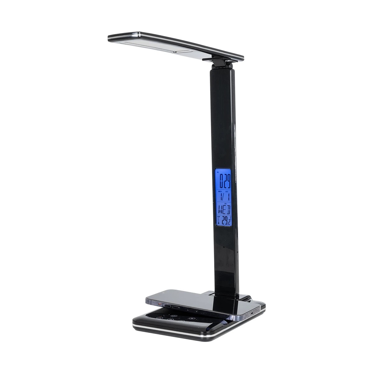 GLOBOSTAR® ZENTIME 76564 Μοντέρνο Επιτραπέζιο Φωτιστικό Γραφείου με Ασύρματη Φόρτιση 10W 2A & Ψηφιακό Ρολόι LED 3.5W 350lm 120° DC 5V με USB-C IP20 Ρυθμιζόμενο Λευκό CCT με Αφή 2700K/4500K/6000K Dimmable - Sanan SMD Chip - Μαύρο - Μ13 x Π25 x Υ50cm - 2 Χρόνια Εγγύηση - Image 4