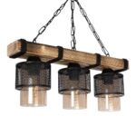 GloboStar® GLORA 201-0009 Vintage Κρεμαστό Φωτιστικό Ράγα Τρίφωτο 3 x E27 IP20 Μπεζ Ξύλο με Μαύρο Μέταλλο & Μελί Γυαλί - Μ50 x Π16 x Υ65cm