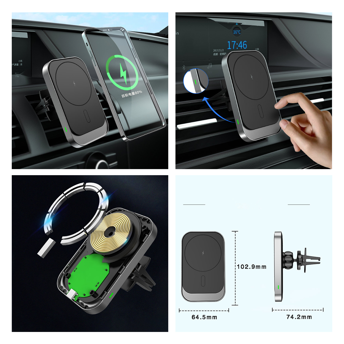 GloboStar® 79695 Μαγνητική Βάση Κινητού Αυτοκινήτου Max 15W USB σε USB Type-C με Κλιπ στον Αεραγωγό - Ασύρματη Φόρτιση MagSafe QuickCharge 3.0 - Image 7