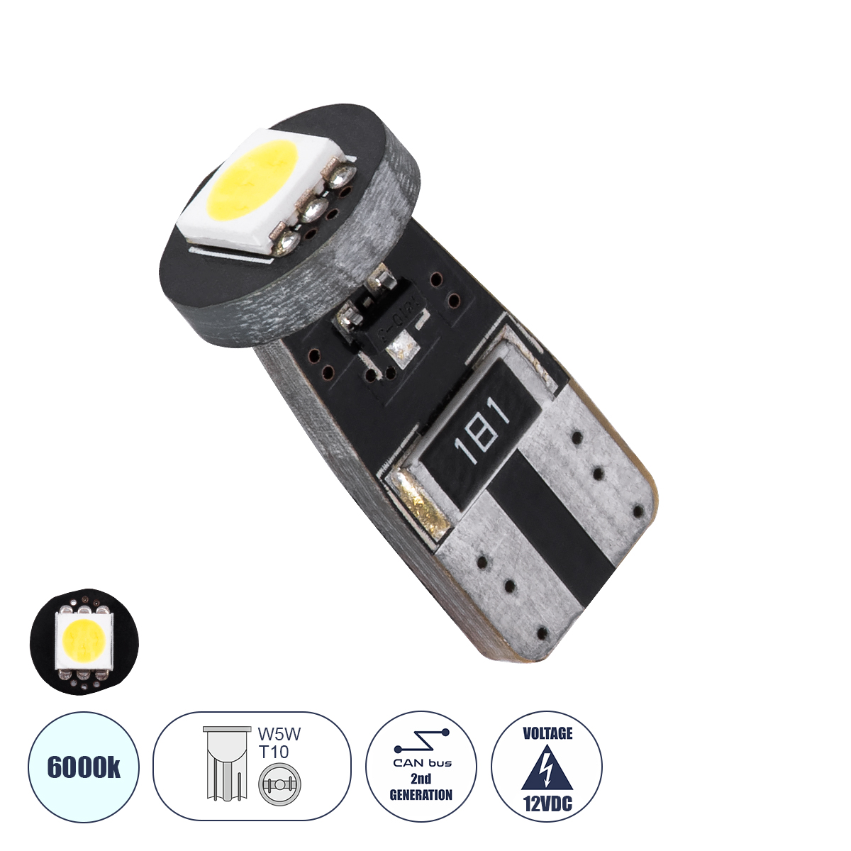 GloboStar® T10 W5W 81080 Λάμπα Αυτοκίνητου LED 2rd Generation Can-Bus Series 1xSMD5050 1.5W 150lm 120° DC 12-16V IP20 Φ1 x H2.2cm Ψυχρό Λευκό 6000K