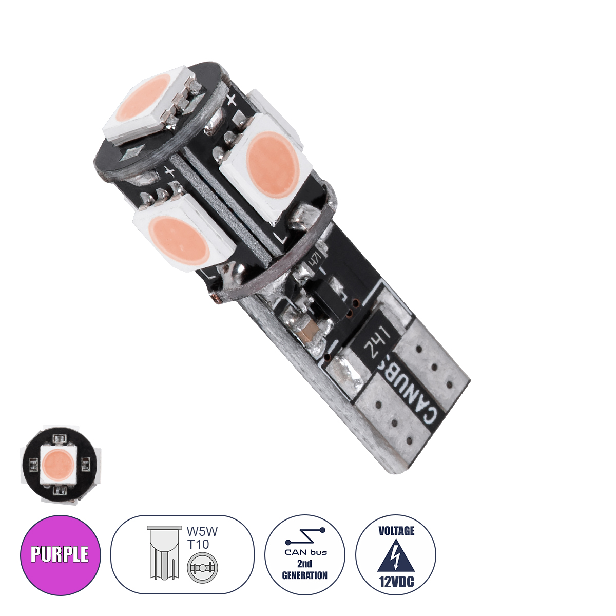 GloboStar® T10 W5W 81095 Λάμπα Αυτοκίνητου LED 2rd Generation Can-Bus Series 5xSMD5050 2.30W 240lm 360° DC 12-16V IP20 Φ1.1 x Υ2.7cm Ροζ