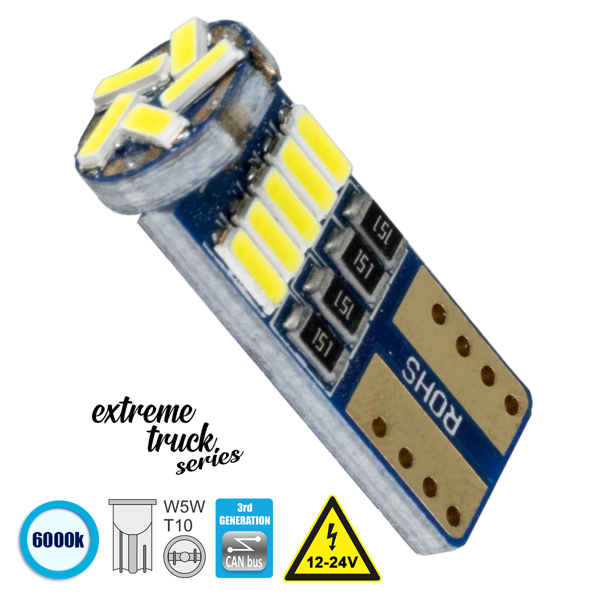 GloboStar® T10 W5W 81105 Λάμπα Αυτοκίνητου 3rd Generation Can-Bus Extreme Truck Series LED 15 SMD 4014 3.8W 570lm 360° DC 12-24V IP20 Ψυχρό Λευκό 6000K