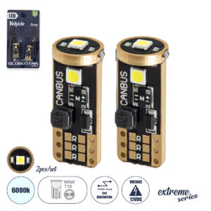 GloboStar® T10 W5W 81115-B Λάμπες Αυτοκινήτου LED  3rd Generation Can-Bus Extreme Series 3xSMD3030 3W 423lm 360° DC 12-16V IP20 Φ1 x Υ2.5cm Ψυχρό Λευκό 6000K - Σετ 2 Τεμαχίων σε Blister
