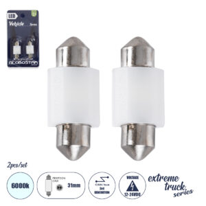 GloboStar® C5W 81332-B Λάμπες Αυτοκινήτου LED 31mm FESTOON  3rd Generation Can-Bus Extreme Truck Series 2xSMD3030 3W 100lm 120° DC 12-24V IP20 Μ3.1 x Π12.5 x Υ1cm Ψυχρό Λευκό 6000K - Σετ 2 Τεμαχίων σε Blister
