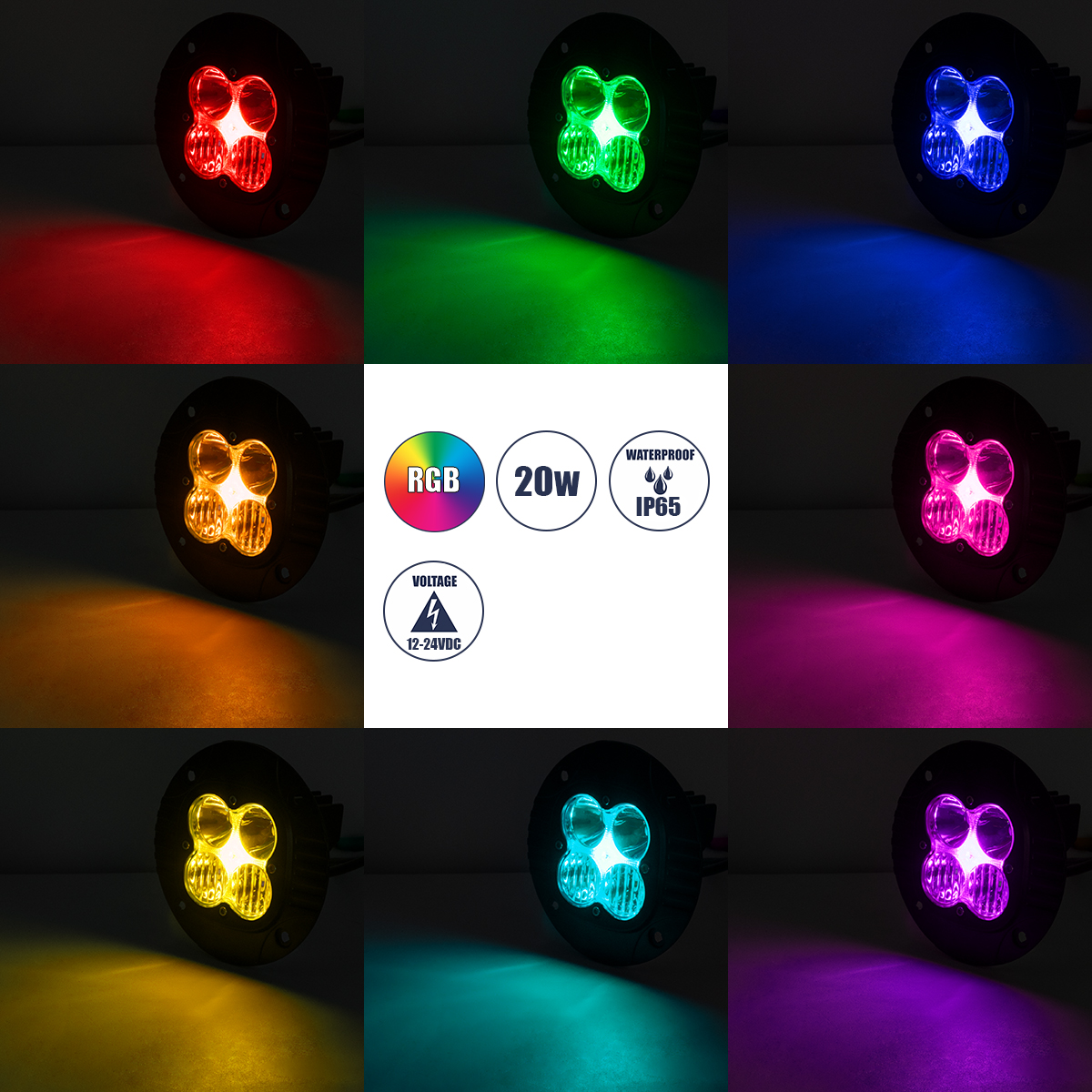 GloboStar® 85444 PRO Series Χωνευτός Προβολέας Εργασίας - Φώτα Ημέρας - Working Light - DRL για Αυτοκίνητα & Φορτηγά LED CREE XBD 20W 2000lm DC 10-30V Αδιάβροχο IP65 Ψυχρό Λευκό 6000K & RGB - Image 7