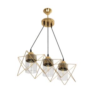 GloboStar® PLEX 202-0036 Μοντέρνο Κρεμαστό Φωτιστικό Πλέγμα Τρίφωτο 3 x E27 IP20 Χρυσό Μέταλλο με Διάφανο Γυαλί - Μ55 x Π20 x Υ70cm
