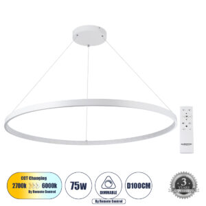 GloboStar® DIAMOND 61518 Κρεμαστό Φωτιστικό Δαχτυλίδι-Κύκλος LED CCT 75W 8400lm 360° AC 220-240V - Εναλλαγή Φωτισμού μέσω Τηλεχειριστηρίου All In One Ψυχρό 6000k+Φυσικό 4500k+Θερμό 2700k Dimmable Φ100cm - Λευκό - 3 Years Warranty