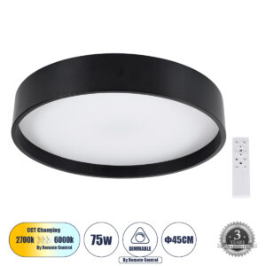 GloboStar® NARNIA 61257 Πλαφονιέρα Οροφής LED CCT 75W 8625lm 120° AC 220-240V - Εναλλαγή Φωτισμού μέσω Τηλεχειριστηρίου All In One Ψυχρό 6000k+Φυσικό 4500k+Θερμό 2700k Dimmable Φ45 x Υ8cm - Μαύρο - 3 Years Warranty
