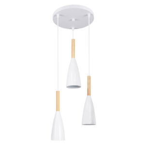 GloboStar® DILLON 00627 Μοντέρνο Κρεμαστό Φωτιστικό Καμπάνα Τρίφωτο 3 x E27 IP20 Λευκό Μέταλλο με Μπεζ Ξύλο - Μ26 x Π26 x Υ130cm
