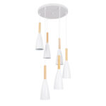 GloboStar® DILLON 00629 Μοντέρνο Κρεμαστό Φωτιστικό Καμπάνα Πολύφωτο 6 x E27 IP20 Λευκό Μέταλλο με Μπεζ Ξύλο - Μ52 x Π52 x Y130cm