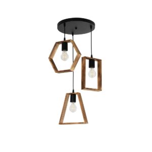 GloboStar® EMBER 201-0102 Vintage Κρεμαστό Φωτιστικό Φιγούρα Τρίφωτο 3 x E27 IP20 Μαύρο Μέταλλο με Καρυδί Ξύλο - Μ35 x Π40 x Υ70cm