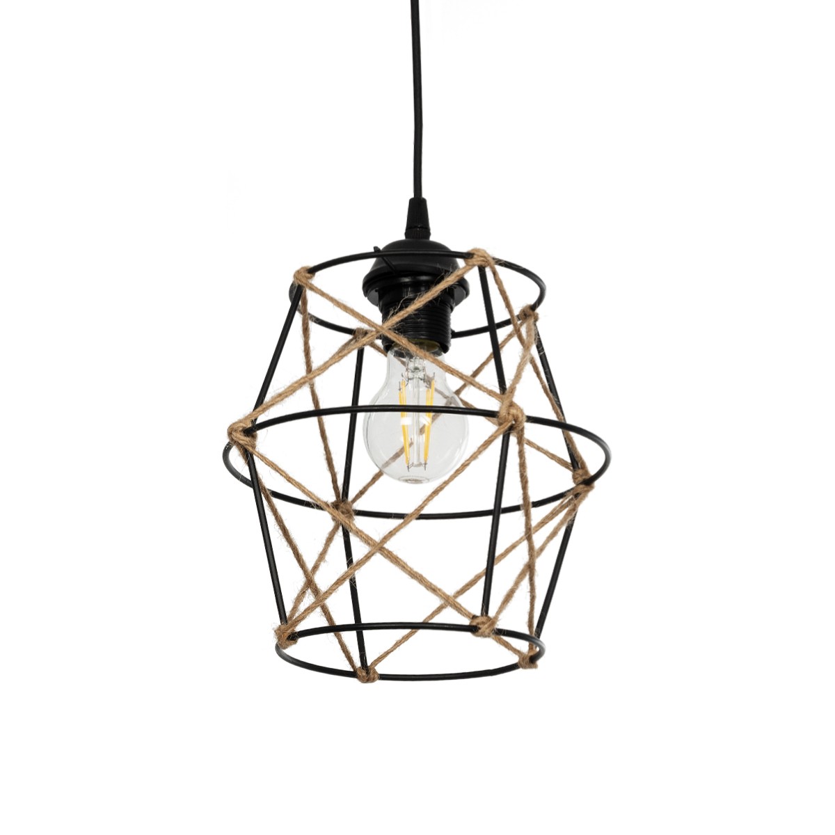 GloboStar® SOLON 201-0088 Vintage Κρεμαστό Φωτιστικό Πλέγμα Μονόφωτο 1 x E27 IP20 Μαύρο Μέταλλο - Μ22 x Π22 x Υ86cm