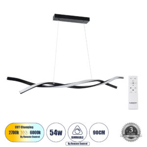 GloboStar® MORALES 61275 Κρεμαστό Φωτιστικό Οροφής Design LED CCT 54W 6048lm 200° AC 220-240V - Εναλλαγή Φωτισμού μέσω Τηλεχειριστηρίου All In One Ψυχρό 6000k+Φυσικό 4500k+Θερμό 2700k Dimmable Μ90 x Π14 x Υ14cm - Μαύρο - 3 Years Warranty