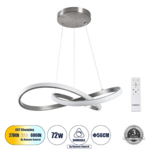 GloboStar® DEXTER 60498 Κρεμαστό Φωτιστικό Οροφής Design LED CCT 72W 8064lm 300° AC 220-240V - Εναλλαγή Φωτισμού μέσω Τηλεχειριστηρίου All In One Ψυχρό 6000k+Φυσικό 4500k+Θερμό 2700k Dimmable Φ56cm - Νίκελ Ασημί Βούρτσας - 3 Years Warranty