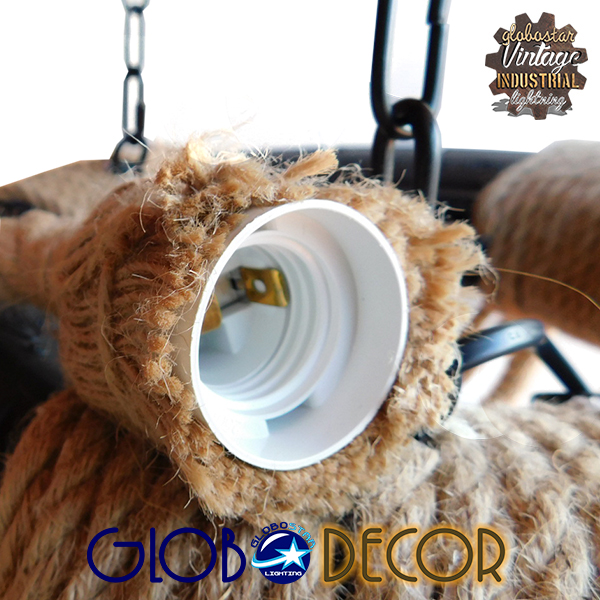 GloboStar® RUNNER 01115 Vintage Κρεμαστό Φωτιστικό Ανάρτηση Πολύφωτο 6 x E27 IP20 Μαύρο Πλαστικό με Μπεζ Σχοινί - Μ45 x Π45 x Υ60cm - Image 3