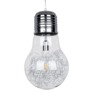GloboStar® LAMP 01677 Μοντέρνο Κρεμαστό Φωτιστικό Φιγούρα Μονόφωτο 1 x E27 IP20 Ασημί Μέταλλο με Διάφανο Γυαλί - Μ30 x Π30 x Υ52cm