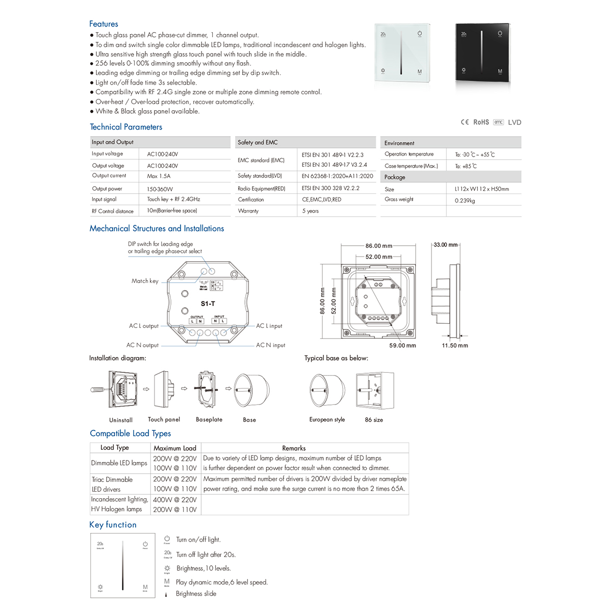 GloboStar® 71453 S1-T SKYDANCE AC Smart RF 2.4Ghz & Αφής - Touch Triac Dimming AC100-240V σε AC100-240V 1 x 1.5A 360W - Max 1.5A 360W - IP20 - Μαύρο Σώμα - Μ8.5 x Π8.5 x Υ3.2cm - 5 Years Warranty - Image 8