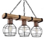 GloboStar® STARLO 201-0006 Vintage Κρεμαστό Φωτιστικό Ράγα Τρίφωτο 3 x E27 IP20 Μπεζ Ξύλο με Μαύρο Μέταλλο - Μ50 x Π15 x Υ65cm