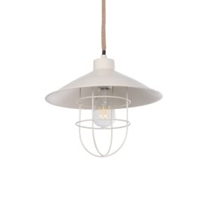 GloboStar® TULUB 203-0010 Vintage Κρεμαστό Φωτιστικό Καμπάνα Μονόφωτο 1 x E27 IP20 Λευκό Μέταλλο με Μπεζ Σχοινί - Μ33 x Π33 x Υ30cm