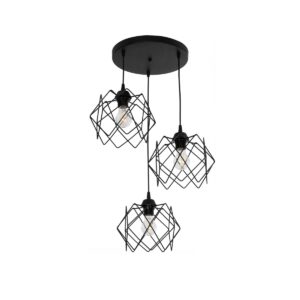 GloboStar® DAZLA 201-0024 Vintage Κρεμαστό Φωτιστικό Πλέγμα Τρίφωτο 3 x E27 IP20 Μαύρο Μέταλλο - Μ32 x Π32 x Υ70cm
