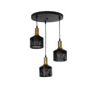 GloboStar® RADIANT 201-0097 Vintage Κρεμαστό Φωτιστικό Πλέγμα Τρίφωτο 3 x E27 IP20 Μαύρο & Χρυσό Μέταλλο - Μ30 x Π30 x Υ80cm