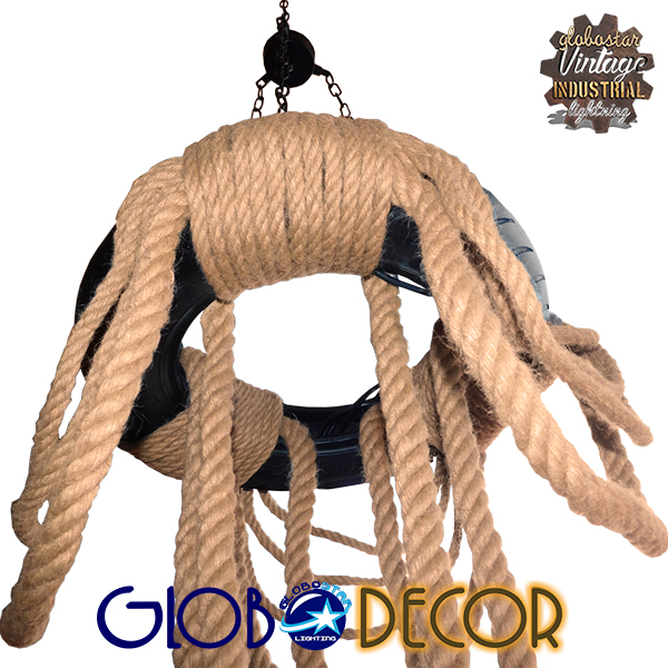 GloboStar® RUNNER 01115 Vintage Κρεμαστό Φωτιστικό Ανάρτηση Πολύφωτο 6 x E27 IP20 Μαύρο Πλαστικό με Μπεζ Σχοινί - Μ45 x Π45 x Υ60cm - Image 4