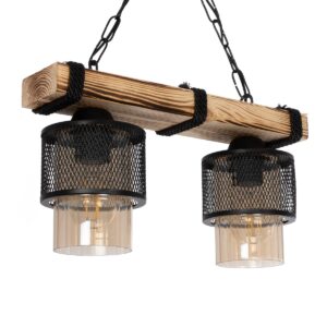 GloboStar® GLORA 201-0008 Vintage Κρεμαστό Φωτιστικό Ράγα Δίφωτο 2 x E27 IP20 Μπεζ Ξύλο με Μαύρο Μέταλλο & Μελί Γυαλί - Μ40 x Π15x Υ65cm