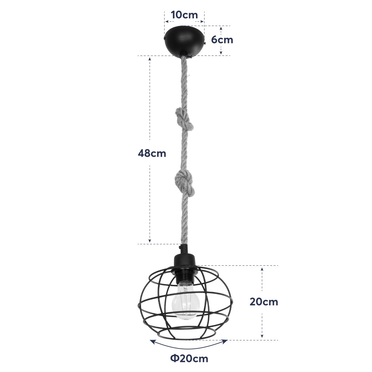 GloboStar® TALAH 203-0008 Vintage Κρεμαστό Φωτιστικό Σχοινί Μονόφωτο 1 x E27 IP20 Μαύρο Μέταλλο με Μπεζ Σχοινί - Μ20 x Π20 x Υ20cm - Image 10