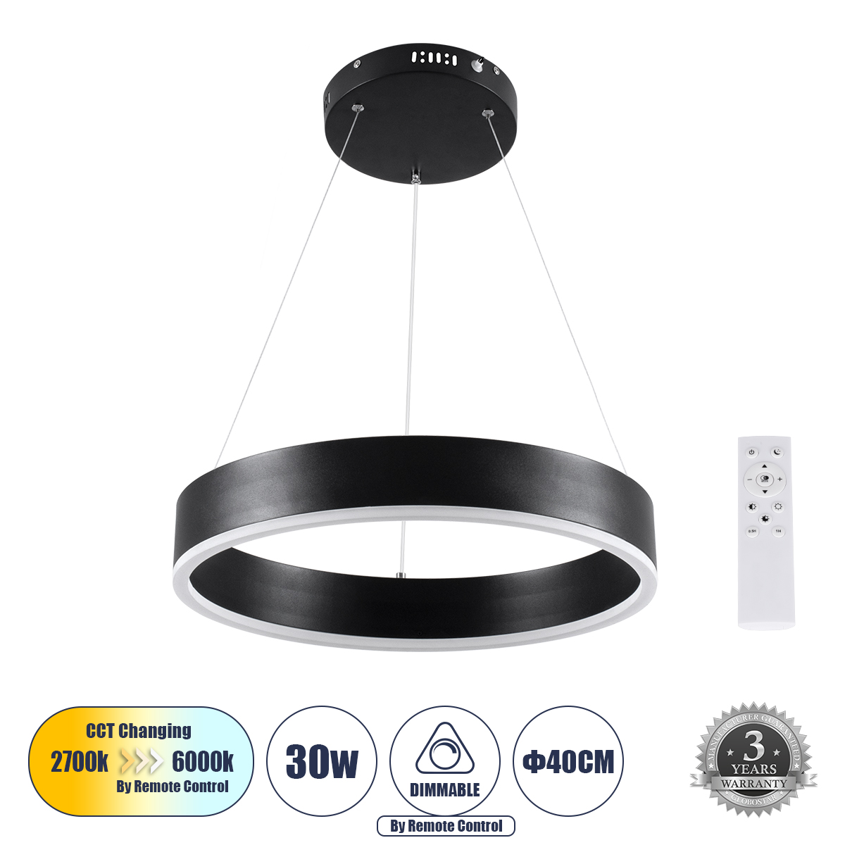 GloboStar® VENOM 61173 Κρεμαστό Φωτιστικό Δαχτυλίδι-Κύκλος LED CCT 30W 3513lm 120° AC 220-240V - Εναλλαγή Φωτισμού μέσω Τηλεχειριστηρίου All In One Ψυχρό 6000K+Φυσικό 4500K+Θερμό 2700K Dimmable Φ40cm - Μαύρο - 3 Years Warranty