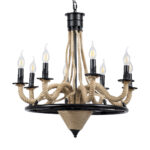 GloboStar® PENNSYLVANIA 00542 Vintage Κρεμαστό Φωτιστικό Ανάρτηση Πολύφωτο 8 x E14 IP20 Μαύρο Μέταλλο με Μπεζ Σχοινί - Μ64 x Π64 x Υ63cm