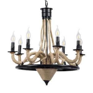 GloboStar® PENNSYLVANIA 00542 Vintage Κρεμαστό Φωτιστικό Ανάρτηση Πολύφωτο 8 x E14 IP20 Μαύρο Μέταλλο με Μπεζ Σχοινί - Μ64 x Π64 x Υ63cm