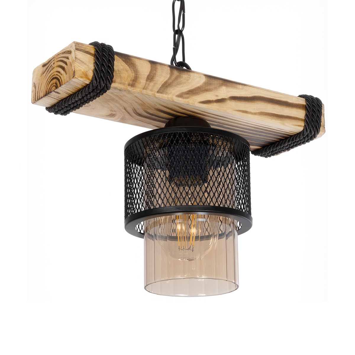 GloboStar® GLORA 201-0007 Vintage Κρεμαστό Φωτιστικό Ράγα Vintage Μονόφωτο 1 x E27 IP20 Μπεζ Ξύλο με Μαύρο Μέταλλο & Μελί Γυαλί - Μ30 x Π15 x Υ60cm
