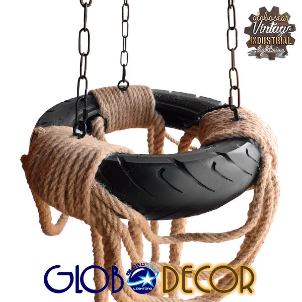 GloboStar® RUNNER 01115 Vintage Κρεμαστό Φωτιστικό Ανάρτηση Πολύφωτο 6 x E27 IP20 Μαύρο Πλαστικό με Μπεζ Σχοινί - Μ45 x Π45 x Υ60cm - Image 2