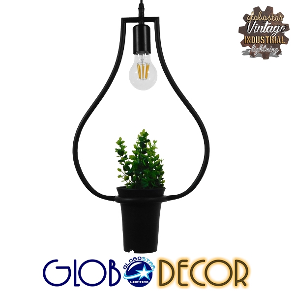 GloboStar® FLOWERPOT 10001210 Μοντέρνο Κρεμαστό Φωτιστικό Ανάρτηση Μονόφωτο 1 x E27 IP20 Μαύρο Μέταλλο με Πράσινο Πλαστικό - Μ27 x Π27 x Υ40cm - Image 2